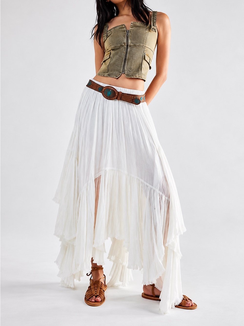 FREE PEOPLE ONE Clover White Layered Pleated Maxi Skirt